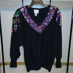 SML Sport Black V-Neck Sweater with Multicolor Sequin Accents